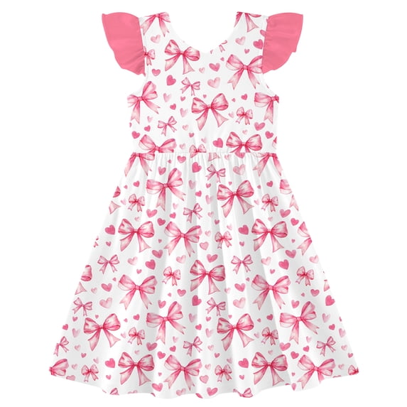 Lanbubble Toddler Girl Dresses Back Bowknot Floral Ruffled Sleeve Dress Casual Sundress 6-7 Years