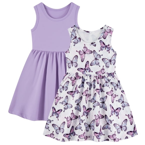 Lanbubble 2-Pack Toddler Girls Dresses Sleeveless Casual Sundress Summer Purple Butterfly Dress For Girl 2-6T