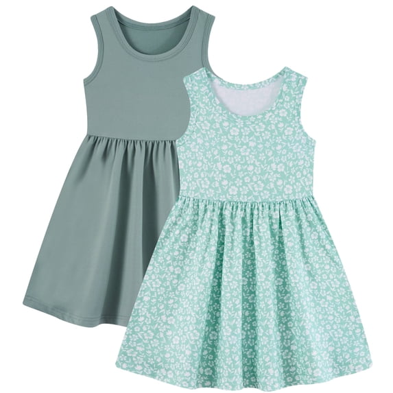 Lanbubble 2-Pack Toddler Dresses For Girls Sleeveless Green Floral Summer Dress Casual Sundress Size 6T