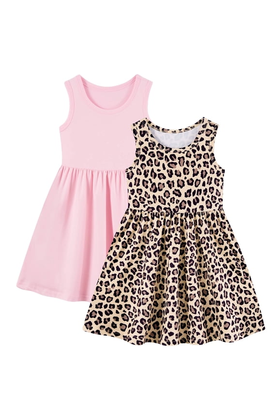 2-Pack Toddler Dresses For Girls Sleeveless Pink Cheetah Print Summer Dress Casual Sundress Size 5T