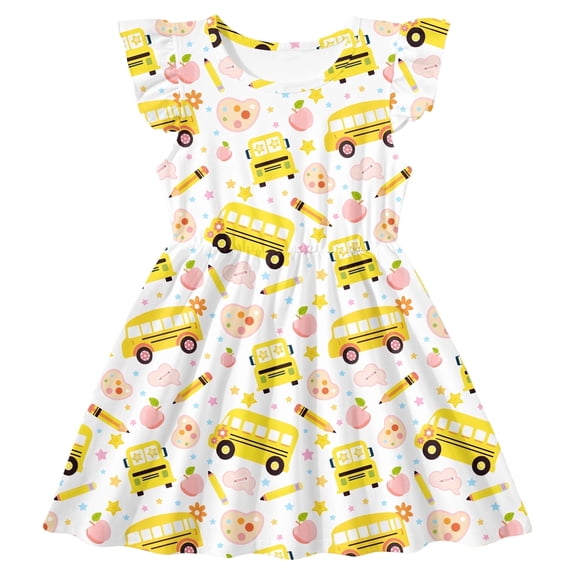 Lanbubble Toddler Girls Back to School Dress Flutter Sleeve Casual Dresses Pencil Print Sundress For 3-7 Years