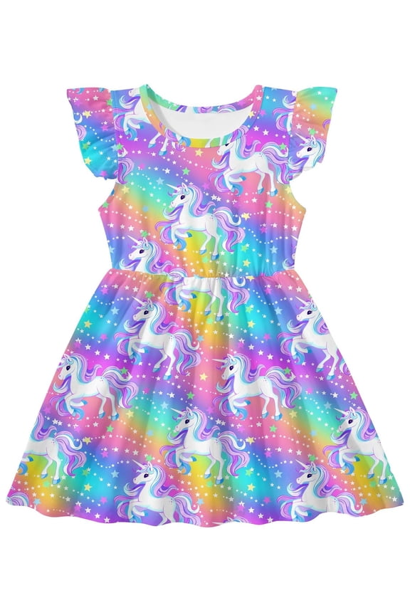 Toddler Girls Dress Summer Casual Sundress Ruffle Flutter Sleeveless Rainbow Dresses 5-6 Years