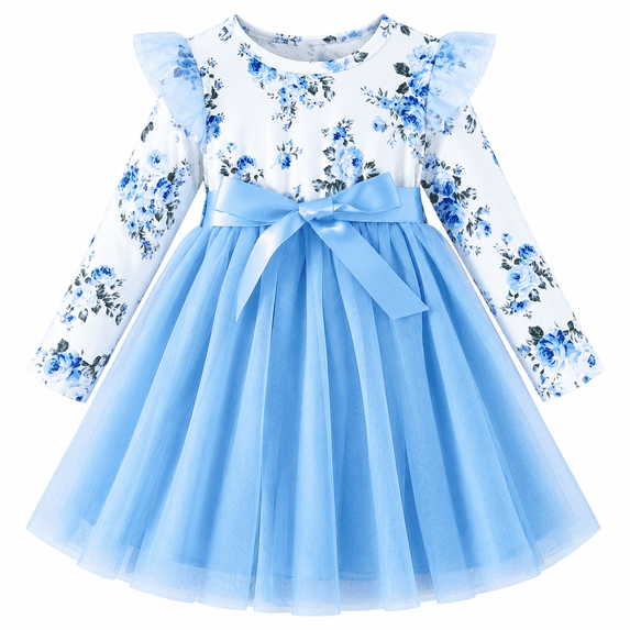 Lanbubble Toddler Girls Long Sleeve Dress Floral Tulle Dress with Ruffle Shoulders, 3-16 Years