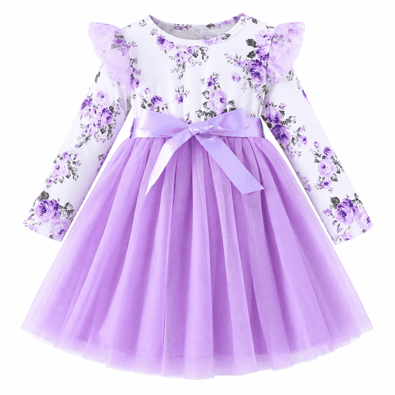 Lanbubble Toddler Girls Long Sleeve Dress Floral Tulle Dress with Ruffle Shoulders, 3-7 Years