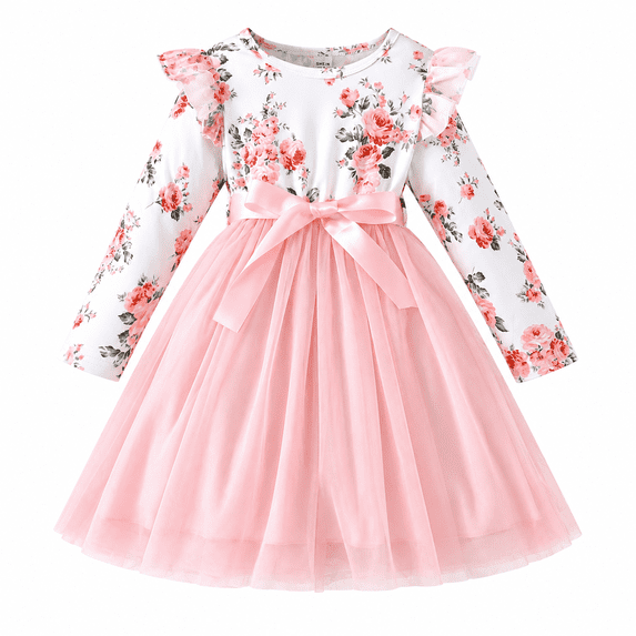 Lanbubble Toddler Girls Long Sleeve Dress Floral Tulle Dress with Ruffle Shoulders, 3-7 Years