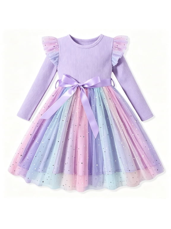 Toddler Girls Tulle Tutu Dress Long Sleeve Sequin Party Dress Fall Winter Clothes 2-6Y