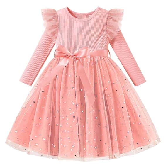 Lanbubble Toddler Girls Tulle Tutu Dress Long Sleeve Sequin Party Dress Fall Winter Clothes 2-6Y