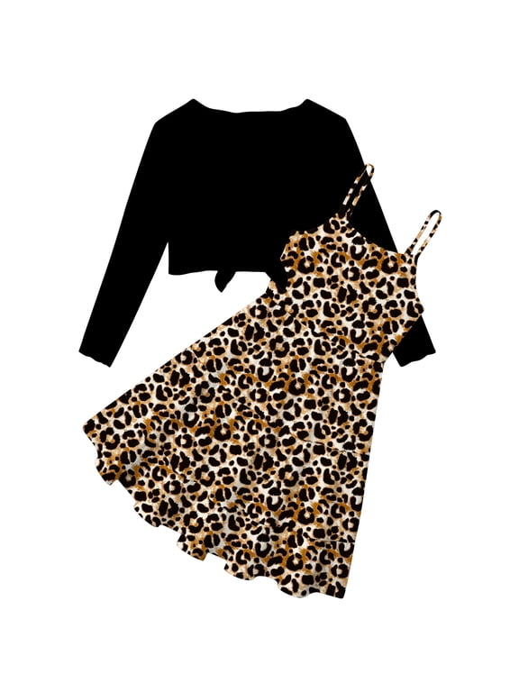 Tween Girl Dresses Adjustable Strap Sleeveless A Line Dress with Long Sleeve Cardigan 2 Piece Set Black Leopard Dress Sizes 7-14T