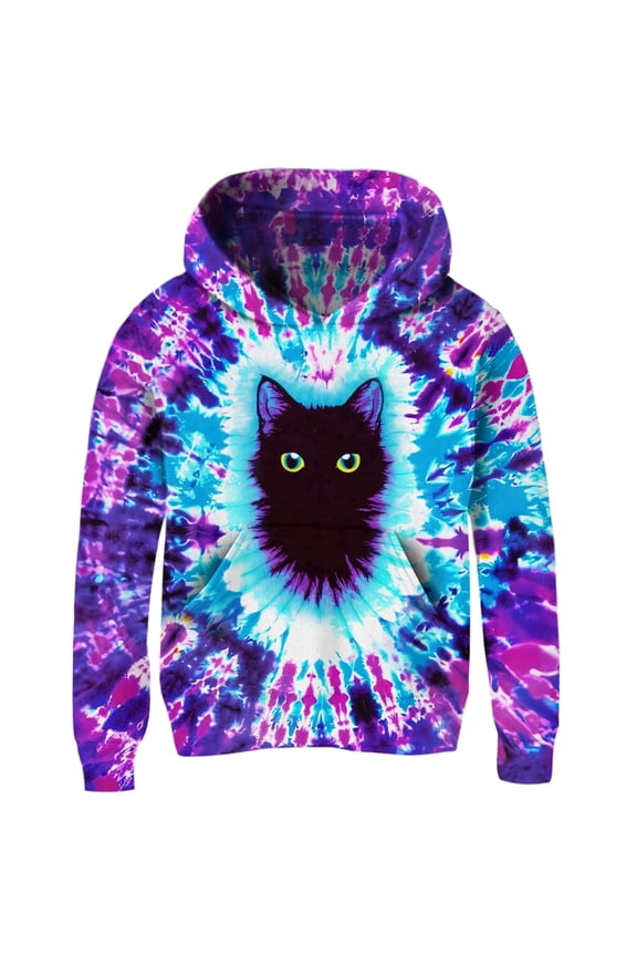 Tween Girls Pullover Hoodies Kids Tie Dye Cat Sweatshirts with Kangaroo Pockets 4-14 Years