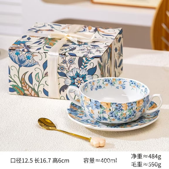 Lancai Blue and White Ceramic Double-Handled Bowl and Plate Set, High-Grade Gift, Retro Household Tableware