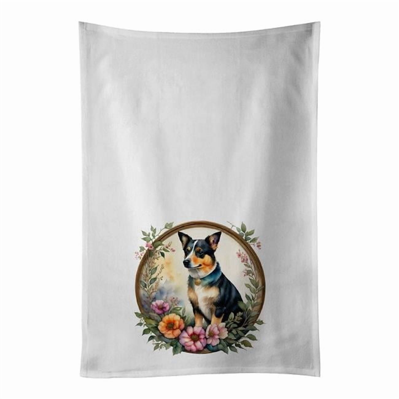 Lancashire Heeler and Flowers Kitchen Towel Set of 2 White Dish Towels 19 in x 28 in