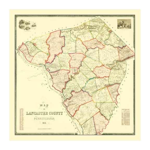 Lancaster County Pennsylvania Art, 1851 Vintage Map of Lancaster County PA History Wall Decor Gift, Old Lancaster County PA Map - 30" x 30" Unframed Print
