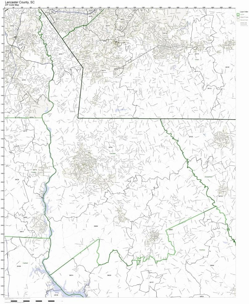 Lancaster County, South SC Zip Code Map Not Laminated