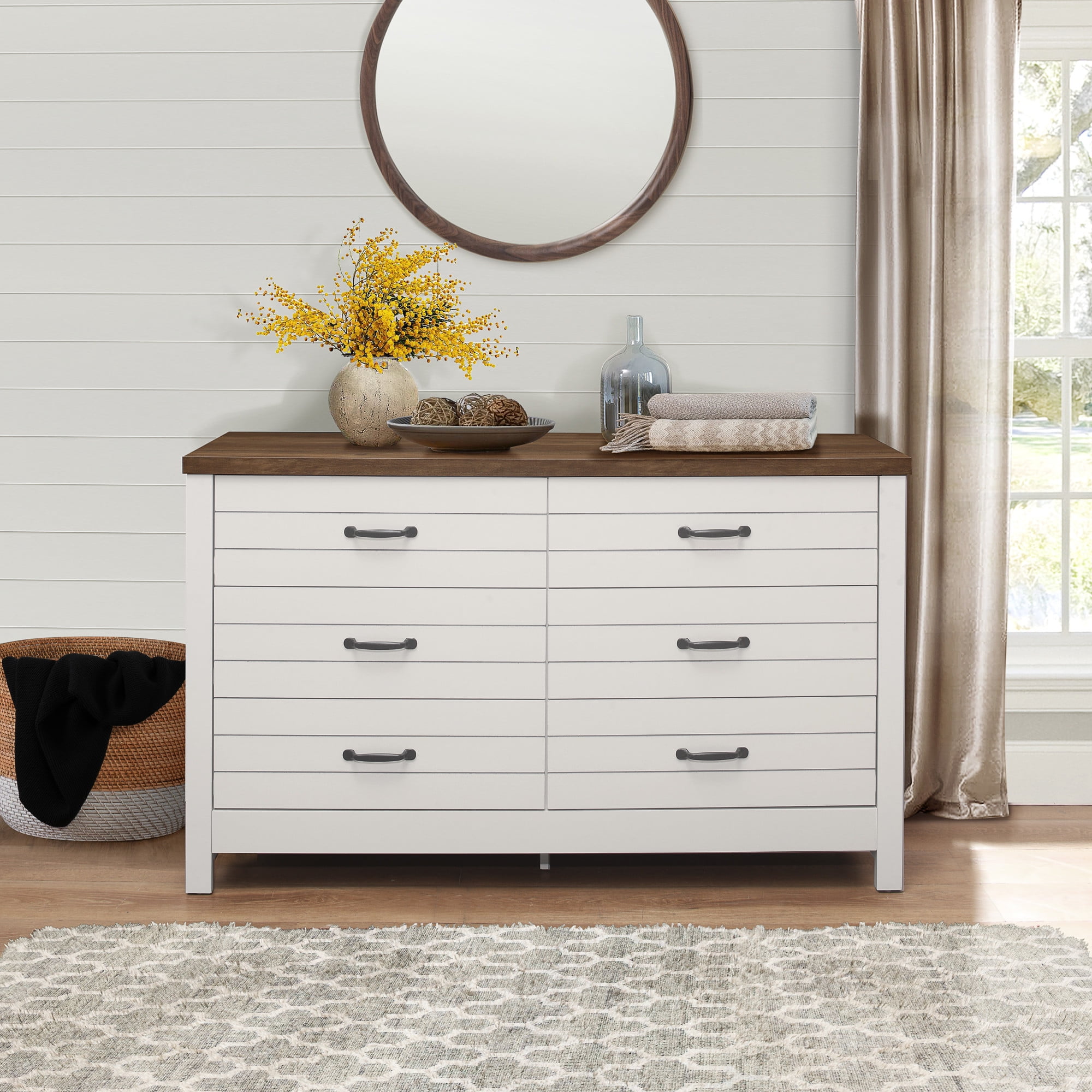Lancaster Modern Farmhouse 6 Drawer Dresser with Ivory Finish and Oak Top