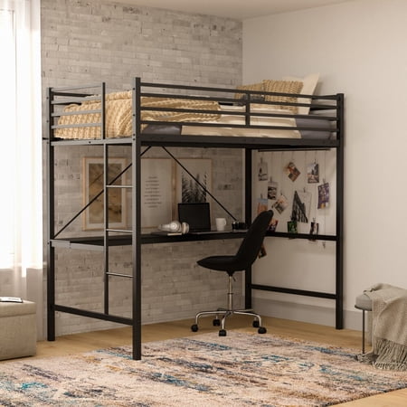 Lancaster Home Sturdy Metal Loft Bed Frame with Desk and Safety Rails Black