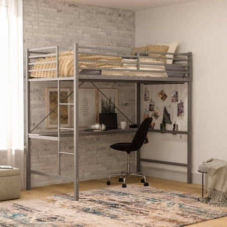 Lancaster Home Sturdy Metal Loft Bed Frame with Desk and Safety Rails Gray