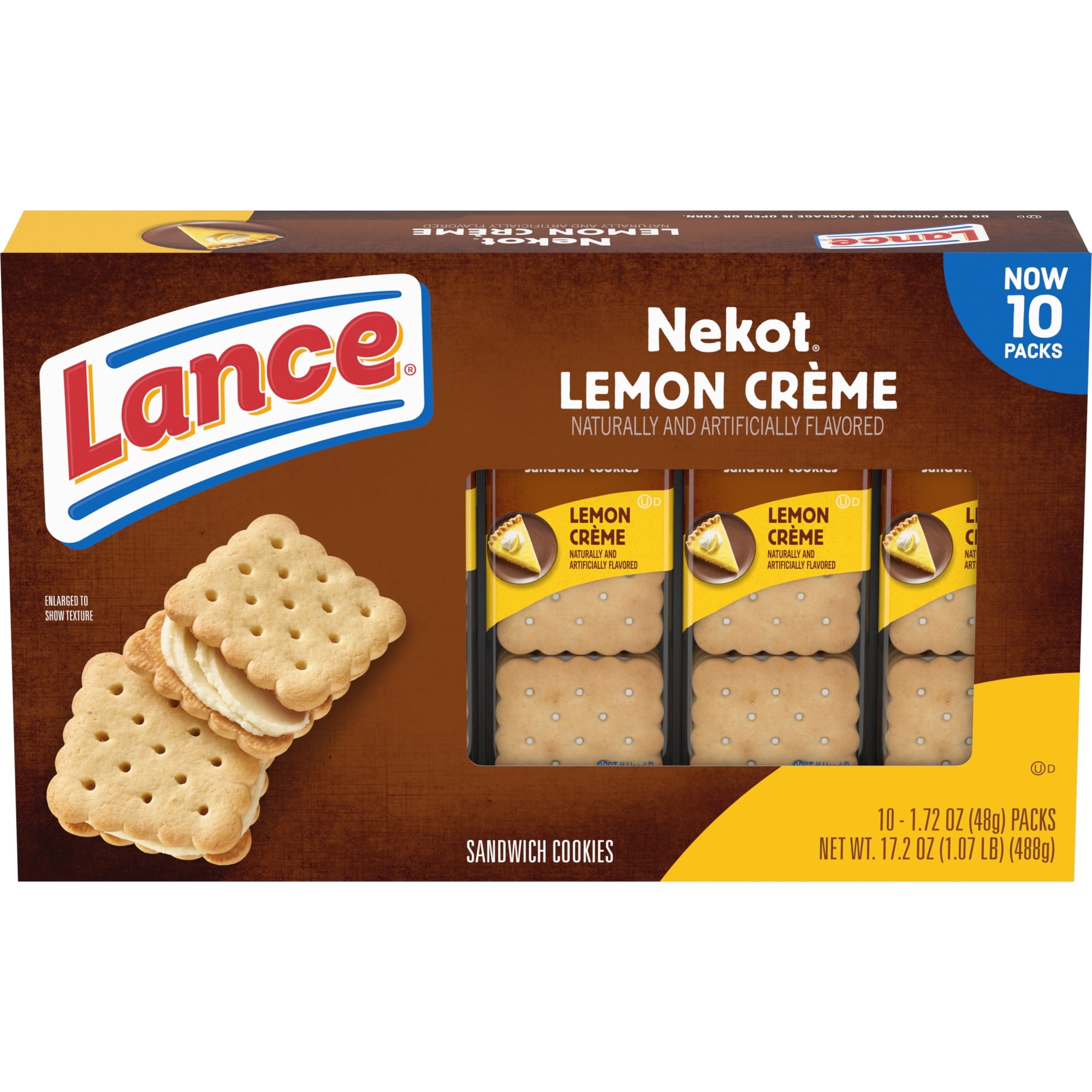 Lance Sandwich Cookies, Nekot Lemon Creme, 10 Individually Wrapped Packs, 6 Sandwiches (Pack of 6)