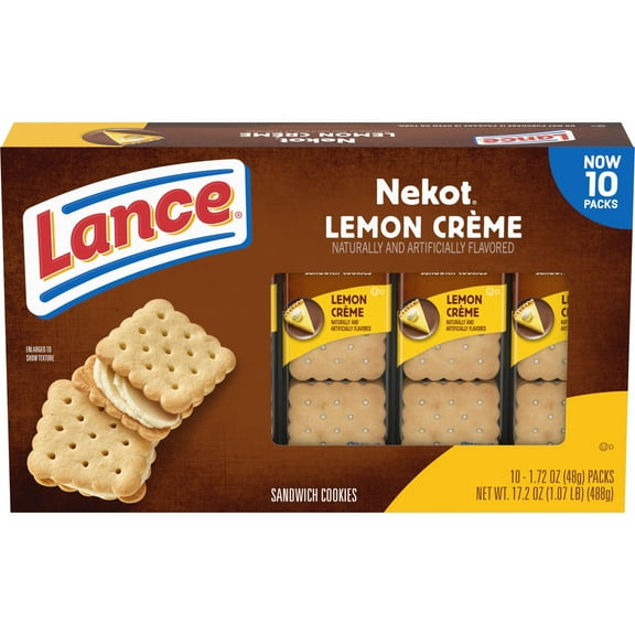 Lance Sandwich Cookies, Nekot Lemon Creme, 10 Individually Wrapped Packs, 6 Sandwiches (Pack of 8)