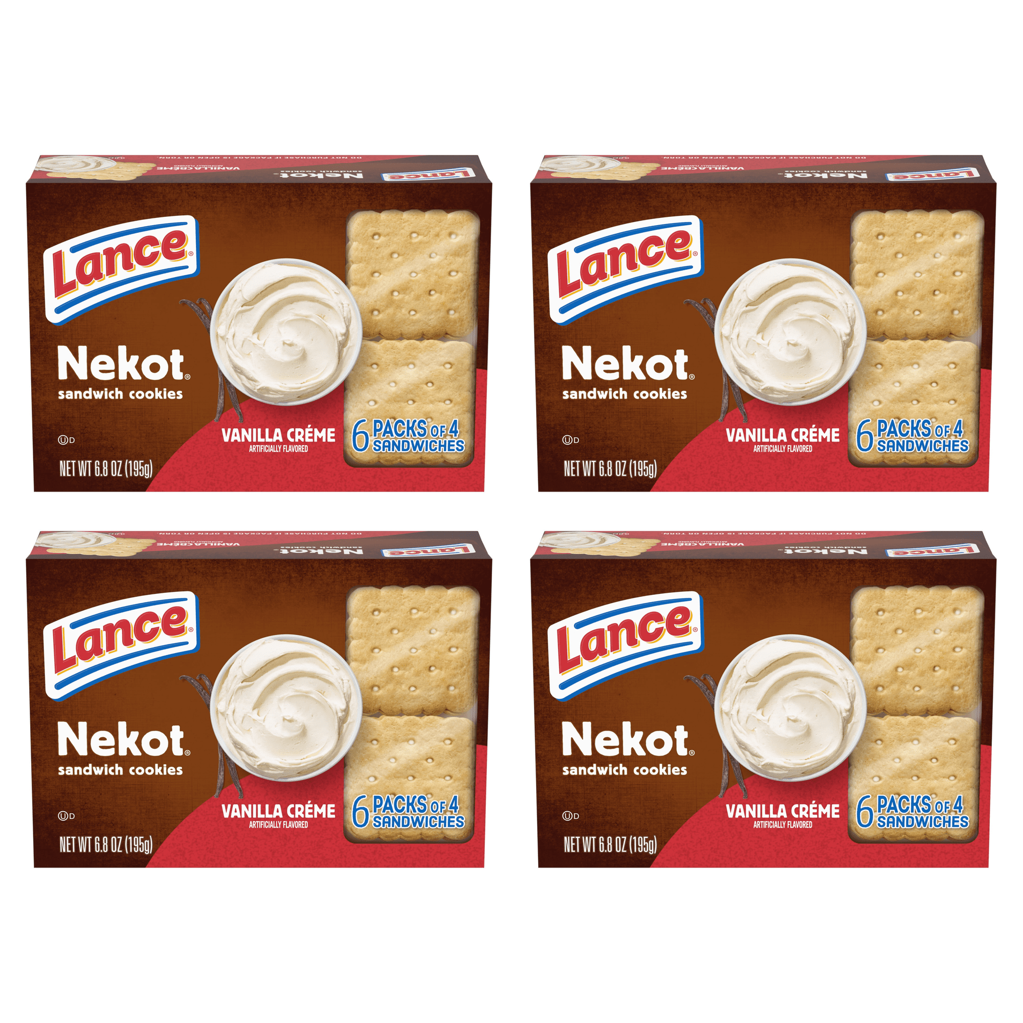Lance Sandwich Cookies, Nekot Vanilla Creme, 10 Individually Wrapped Packs, 6 Sandwiches (Pack of 4)