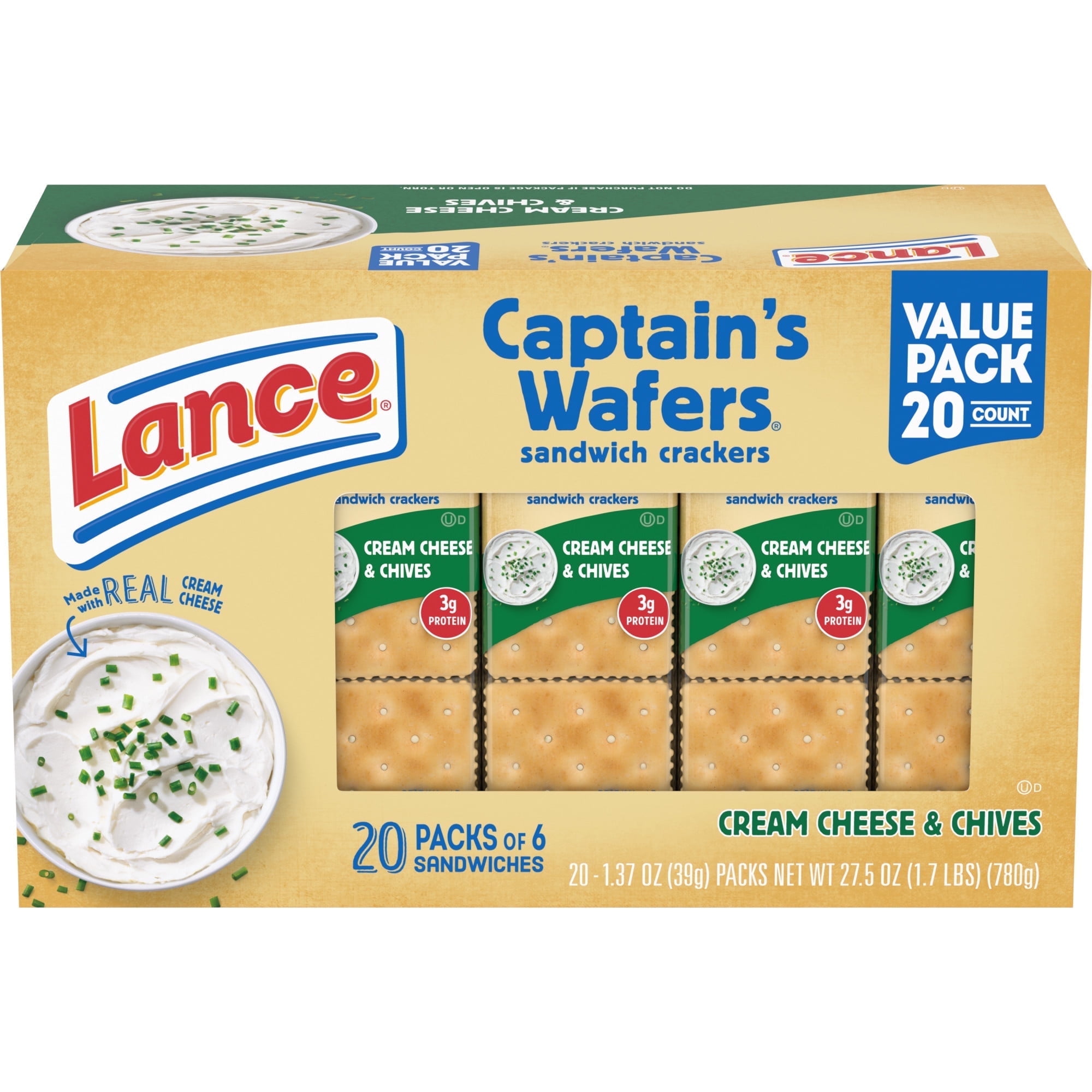 Lance Sandwich Crackers, Captain's Wafers Cream Cheese and Chives, 20 Packs, 6 Sandwiches Each , 2 Pack