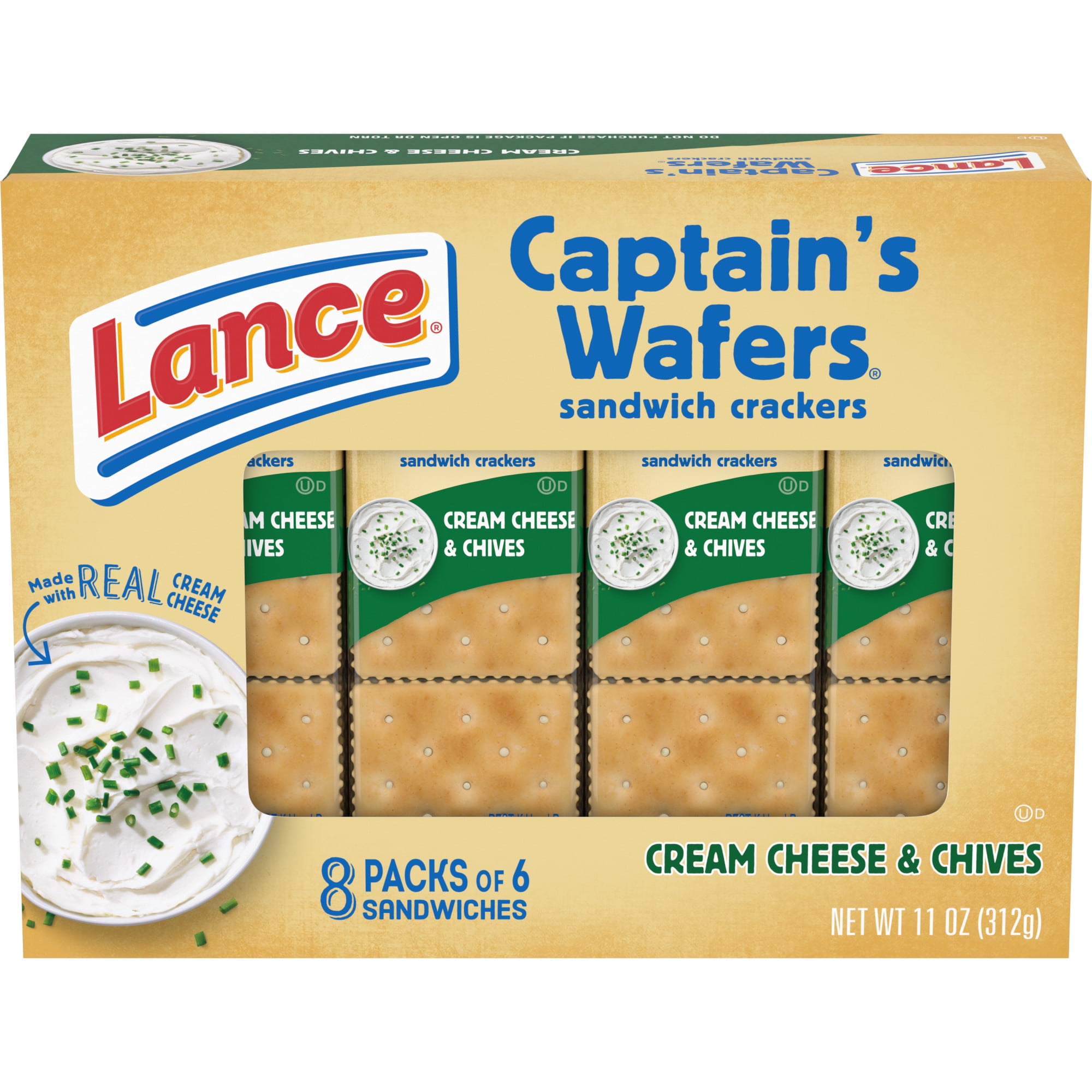 Lance Sandwich Crackers, Captain's Wafers Cream Cheese and Chives, 8 Packs,  6 Sandwiches Each - Walmart.com