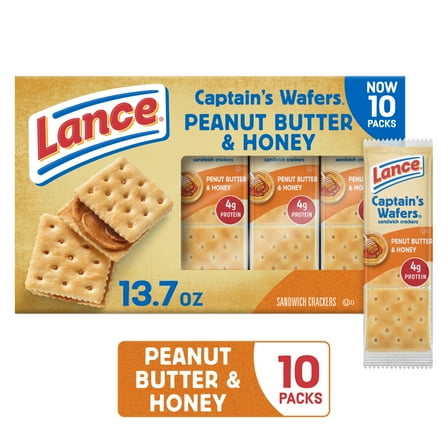 Lance Sandwich Crackers, Captain's Wafers Peanut Butter and Honey, 10 Packs, 6 Sandwiches Each