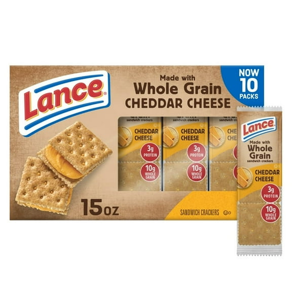 Lance Sandwich Crackers, Made with Whole Grain Crackers, Cheddar Cheese, 10 Packs, 6 Sandwiches Each (Pack of 3)