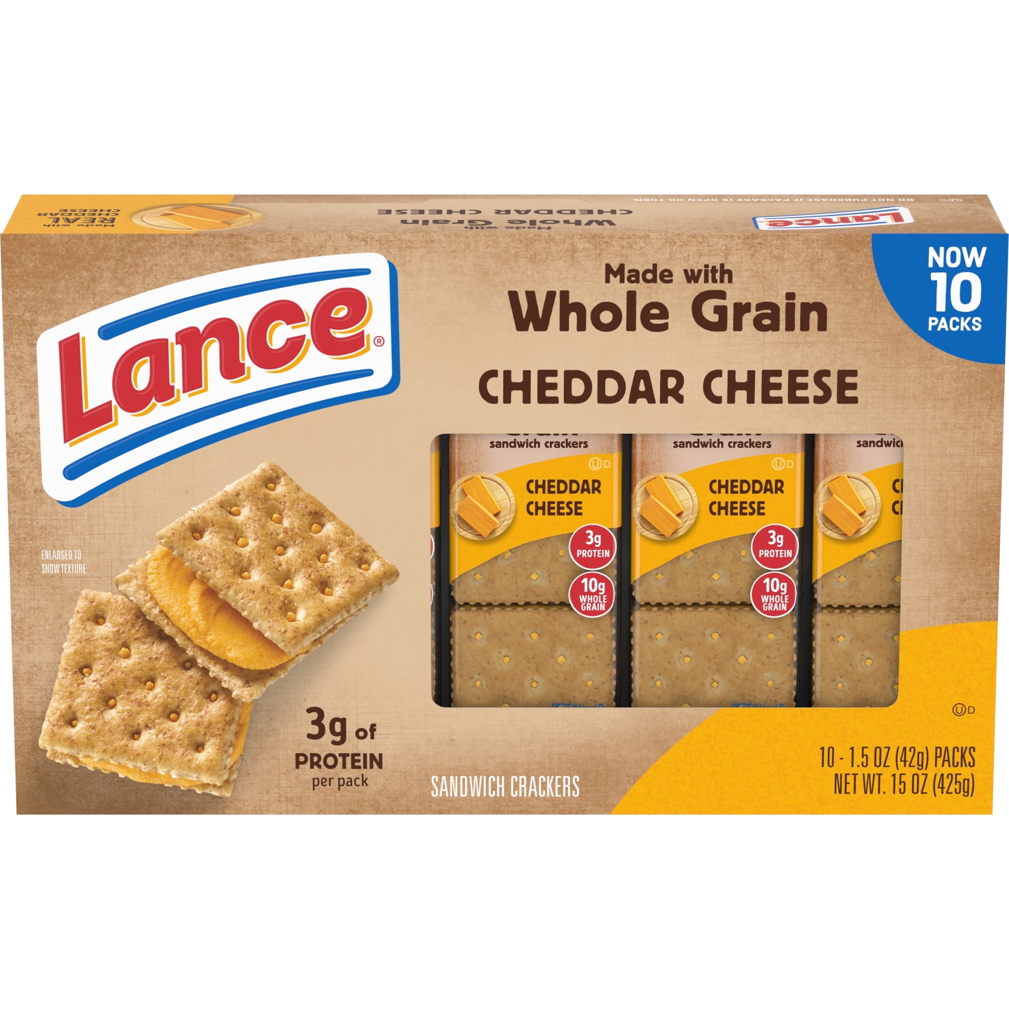 Lance Sandwich Crackers, Made with Whole Grain Crackers, Cheddar Cheese, 10 Packs, 6 Sandwiches (Pack of 8)