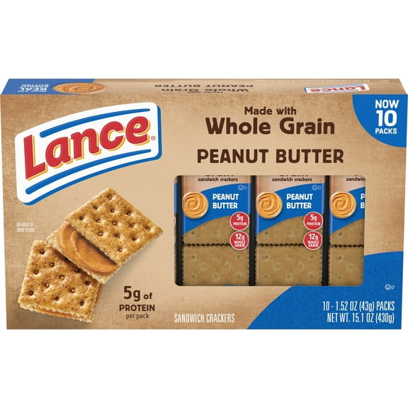 Lance Sandwich Crackers, Made with Whole Grain Crackers, Peanut Butter, 10 Individual (Pack of 6)