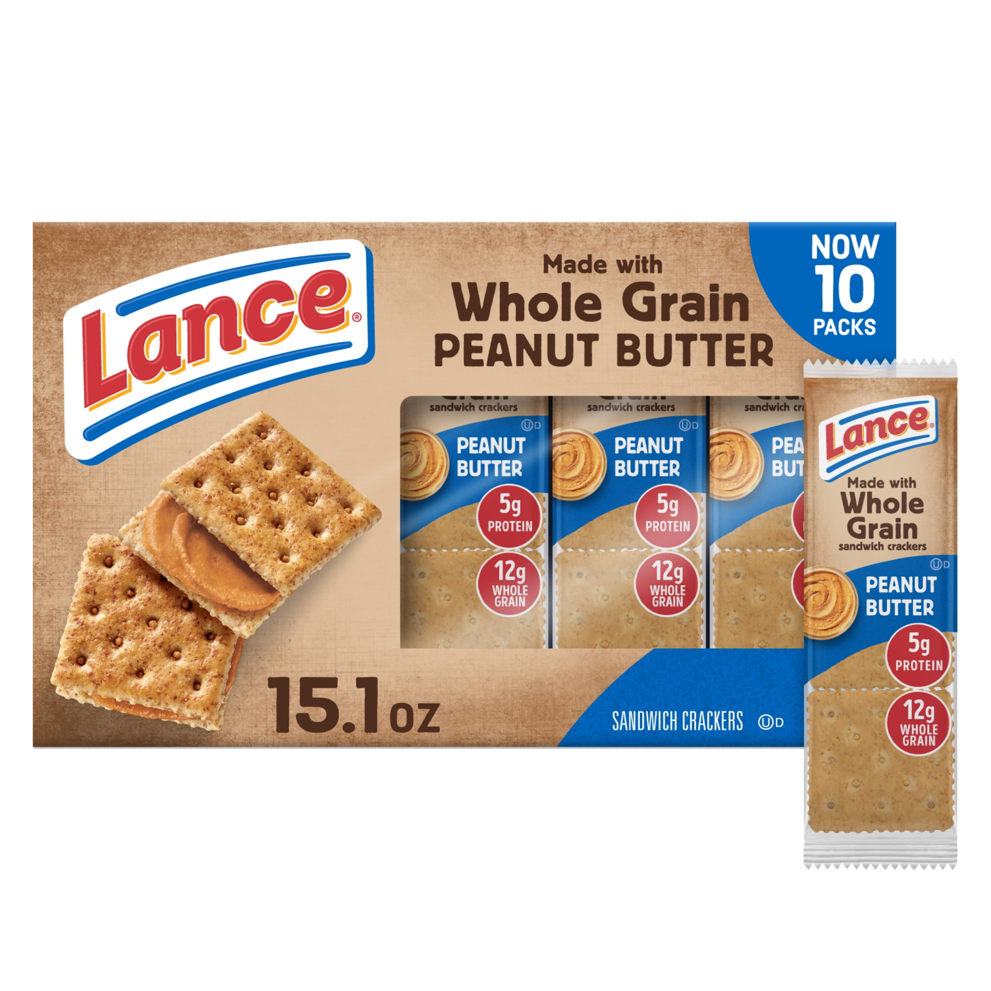 Lance Sandwich Crackers, Made with Whole Grain Crackers, Peanut Butter, 10 Individual Packs