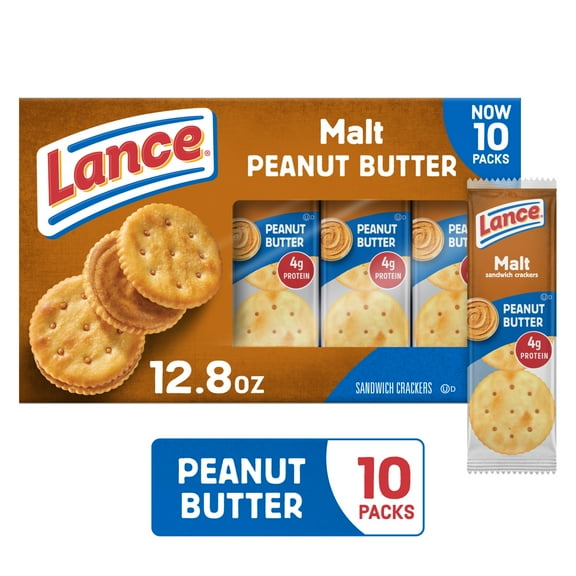 Lance Sandwich Crackers, Malt with Peanut Butter, 10 Individually Wrapped Packs, 6 Sandwiches Each