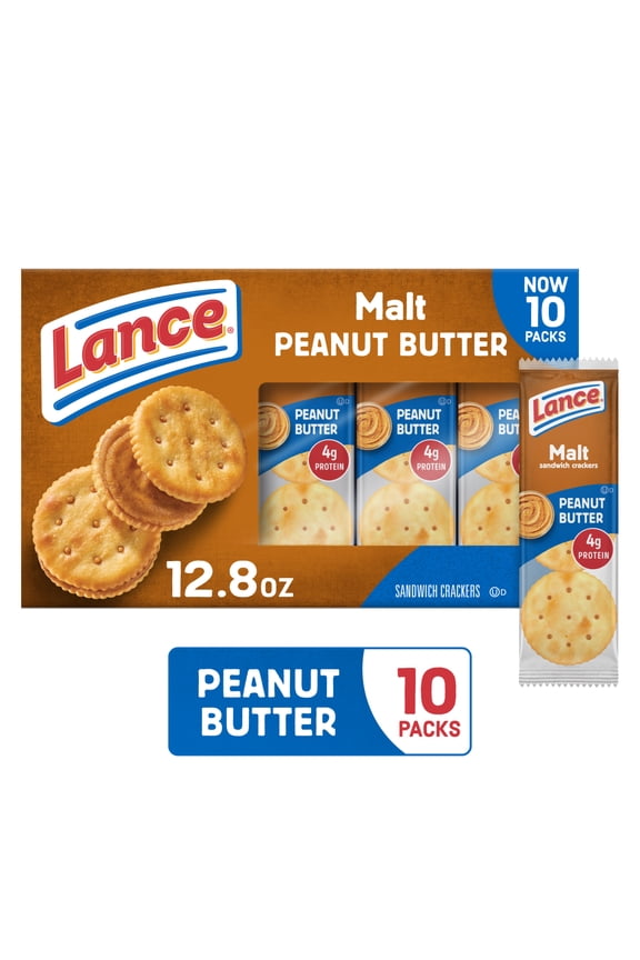 Sandwich Crackers, Malt with Peanut Butter, 10 Individually Wrapped Packs, 6 Sandwiches Each