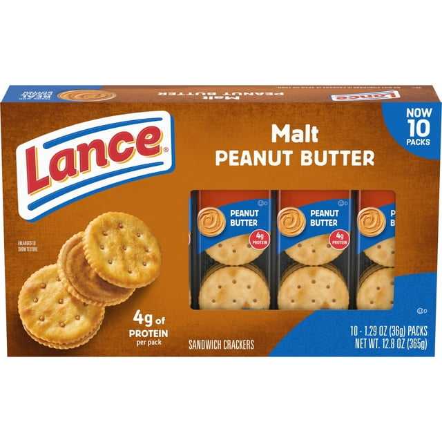 Lance Sandwich Crackers, Malt with Peanut Butter, 10 Individually Wrapped Packs, 6 Sandwiches (Pack of 8)