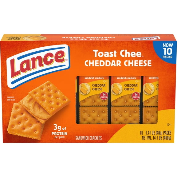 Lance Sandwich Crackers, ToastChee Cheddar, 10 Individually Wrapped Packs, 6 Sandwiches (Pack of 8)