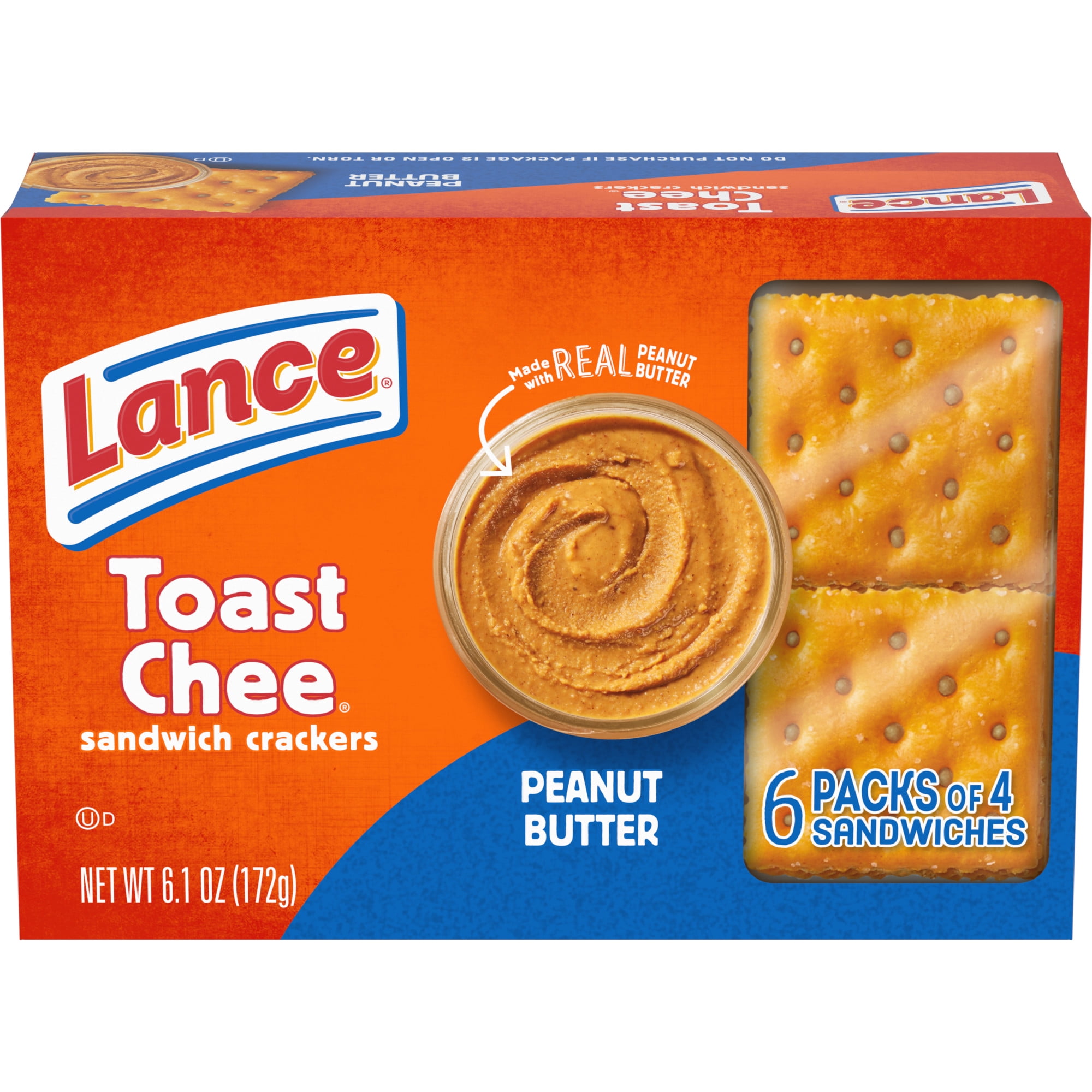 Lance Sandwich Crackers, ToastChee Peanut Butter, 6 Individually Wrapped Packs, 4 Sandwiches Each
