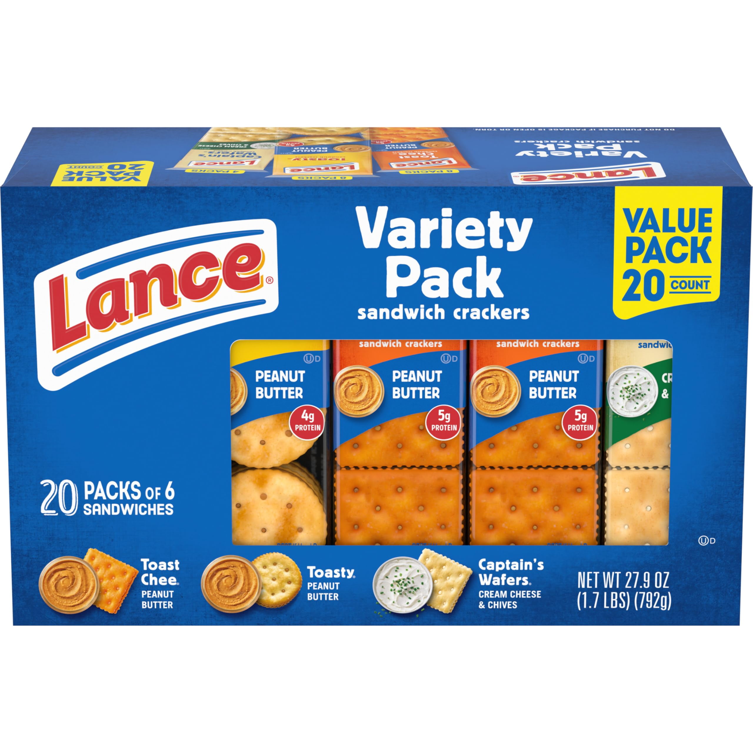 Lance Sandwich Crackers, Variety Pack, 3 BSL1Flavors, 20 Individually Wrapped Packs, 6 Sandwiches Each