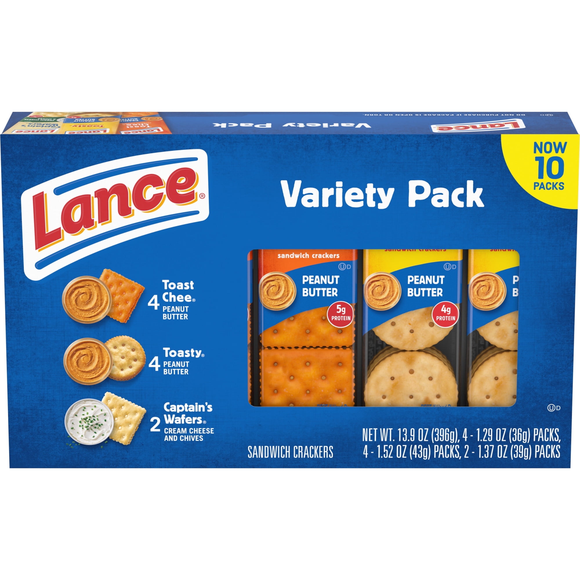 Lance Sandwich Crackers, Variety Pack, 3 Flavors, 10 Individually Wrapped , 6 Sandwiches (Pack of 6)