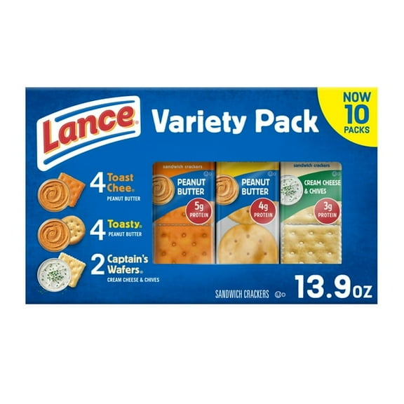 Lance Sandwich Crackers, Variety Pack, 3 Flavors, 10 Individually Wrapped Packs, 6 Sandwiches Each (Pack of 1)