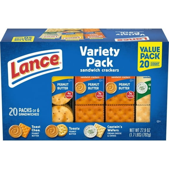Lance Sandwich Crackers, Variety Pack, 3 Flavors, 20 Individually Wrapped Packs, 6 Sandwiches Each (Pack of 2)
