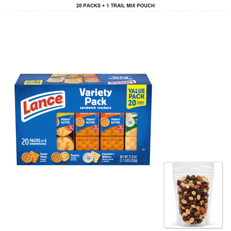 Lance Sandwich Crackers, Variety Pack, 3 Flavors, 20 Individually Wrapped Packs, 6 Sandwiches Each with 1 Bybies Trail Mix Pouch, 2 oz