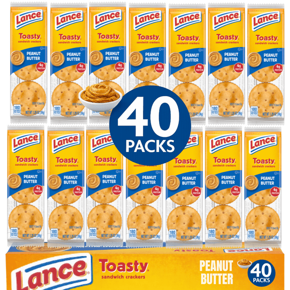 Lance Toasty Peanut Butter Sandwich Crackers, 40 Individual Snack Packs - Classic On-the-Go Snack for Lunches, Office & Travel
