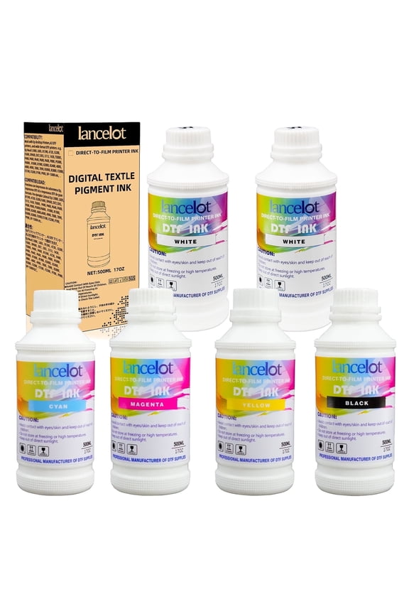 DTF Ink Combo Pack 500ml - 6 Bottles (2 White, 1 Black, 1 Cyan, 1 Magenta, 1 Yellow) for Direct-to-Film Transfers, DTF Printers & Custom T-Shirt Printing