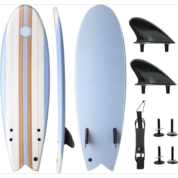 Lancer 5'10'' Soft Top Foam Surfboard Fish Surf board for & Includes Twin Fins Double Swivel Leash EPS Core IXPE Deck HDPE Slick Bottom Non-Slip Deck Grip - Perfect for Surfing