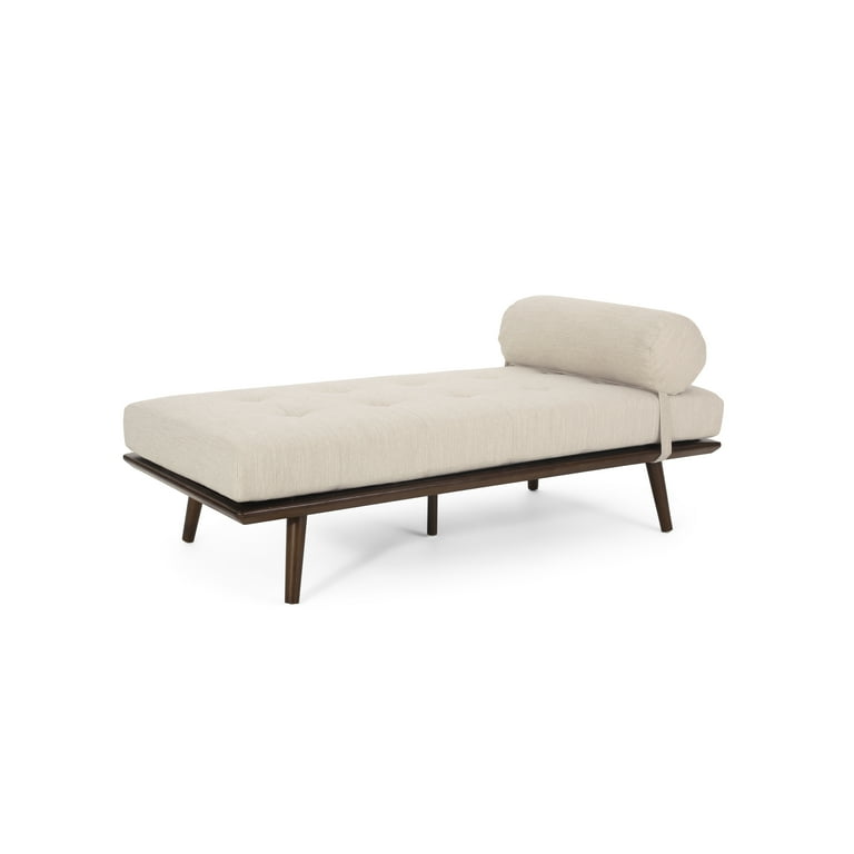 Lancer Mid Century Modern Fabric Tufted Chaise Lounge with Bolster Pillow Beige and Natural Walnut