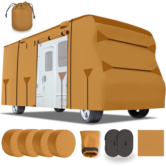 Lanceton 29-32ft Class C RV Cover Package Premium Heavy-Duty Waterproof Windproof Anti-UV Breathable Fabric Including 4 Tire Covers and 4 Sharp Edge Covers 2 Secure Straps