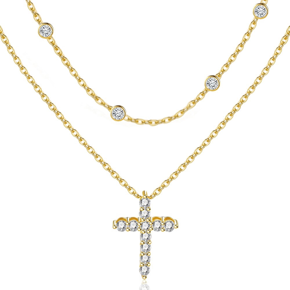 ElegGlo Cross Necklace 14k Gold Plated/Sterling Silver Double Cross Pendant CZ,Cubic Zirconia Cross Necklaces For Women Men Jewelry Birthday Gifts