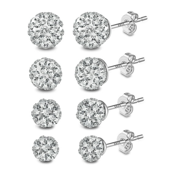 Lancharmed 925 Sterling Silver Earrings for Women 4-Pairs Set Cubic Zirconia Earrings Ball (4/5/6/8mm) with 8 Backings Hypoallergenic Earrings Gift Jewelry for Women
