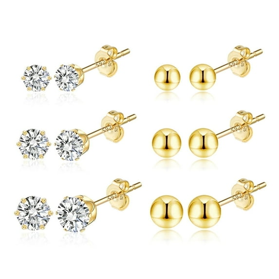 Zircon Six Claw Stud Earrings For Women, On Sale 3 Pairs Round Balls, 14K Gold Plated Earrings Jewelry Gifts for Women