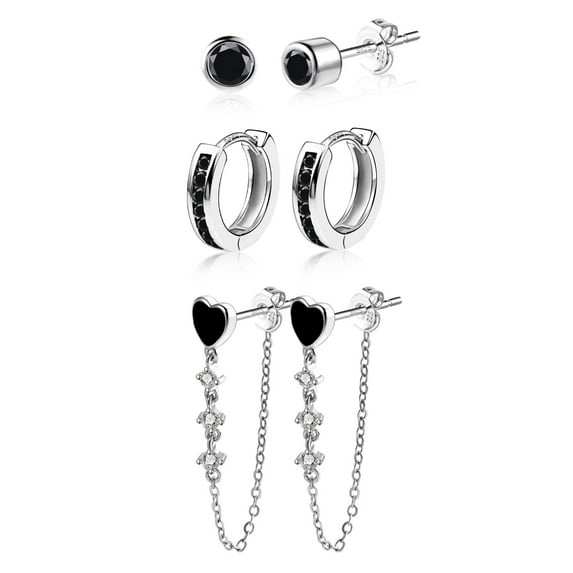 Lancharmed Earrings Round Zirconia Stud Single Side Diamond Heart Wrap Around Black Chain Silver Plated Earring Gifts for Women