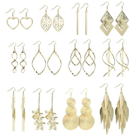 Lancharmed Gold Plated Cute Earrings,12 Pairs Round Prismatic Leaf Chain 8 Flower Hearts Earring Cheap Gifts